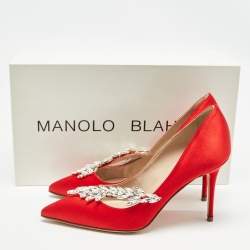 Pre Owned Manolo Blahnik Red Satin Nadira Pumps Size 34
