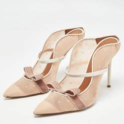 Pre Owned Manolo Blahnik Beige/White Mesh and Leather Marguerite Mules Size 41