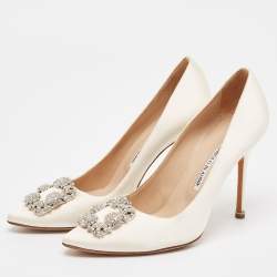 Pre Owned Manolo Blahnik Off White Satin Hangisi Pumps Size 39.5