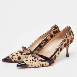 Pre Owned Manolo Blahnik Brown/Black Animal Print Calf Hair Pumps Size 37.5