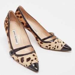 Pre Owned Manolo Blahnik Brown/Black Animal Print Calf Hair Pumps Size 37.5
