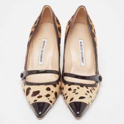Pre Owned Manolo Blahnik Brown/Black Animal Print Calf Hair Pumps Size 37.5