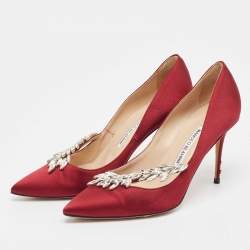 Pre Owned Manolo Blahnik Burgundy Satin Nadira Pumps Size 38