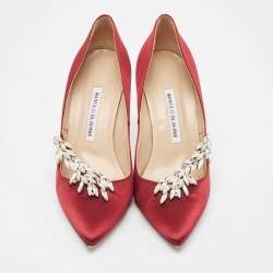 Pre Owned Manolo Blahnik Burgundy Satin Nadira Pumps Size 38