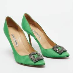 Pre Owned Manolo Blahnik Green Satin Hangisi Pumps Size 42