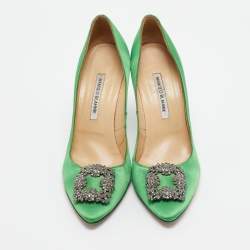 Pre Owned Manolo Blahnik Green Satin Hangisi Pumps Size 42