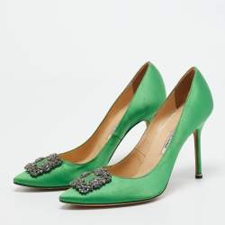 Pre Owned Manolo Blahnik Green Satin Hangisi Pumps Size 42