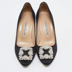 Pre Owned Manolo Blahnik Black Satin Hangisi Pumps Size 37.5