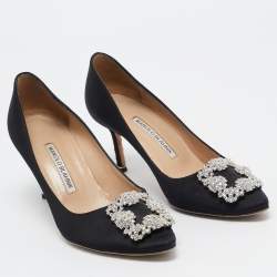 Pre Owned Manolo Blahnik Black Satin Hangisi Pumps Size 37.5