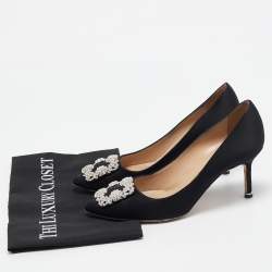 Pre Owned Manolo Blahnik Black Satin Hangisi Pumps Size 37.5