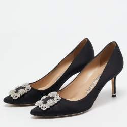 Pre Owned Manolo Blahnik Black Satin Hangisi Pumps Size 37.5