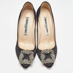 Pre Owned Manolo Blahnik Black Satin Hangisi Pumps Size 36