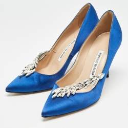 Pre Owned Manolo Blahnik Blue Satin Nadira Pumps Size 36.5