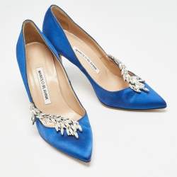 Pre Owned Manolo Blahnik Blue Satin Nadira Pumps Size 36.5