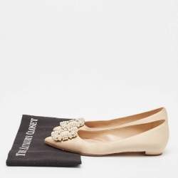 Pre Owned Manolo Blahnik Beige Satin Hangisi Ballet Flats Size 37