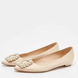 Pre Owned Manolo Blahnik Beige Satin Hangisi Ballet Flats Size 37