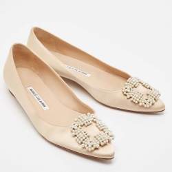 Pre Owned Manolo Blahnik Beige Satin Hangisi Ballet Flats Size 37