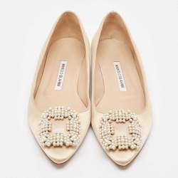 Pre Owned Manolo Blahnik Beige Satin Hangisi Ballet Flats Size 37