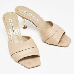 Manolo Blahnik Beige Pleated Leather Slide Sandals Size 36.5