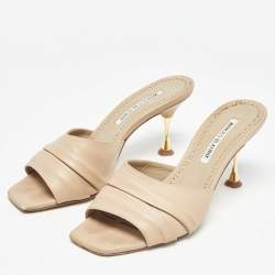 Manolo Blahnik Beige Pleated Leather Slide Sandals Size 36.5