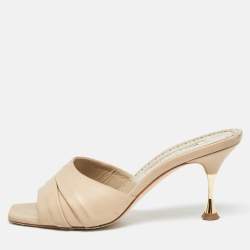 Manolo Blahnik Beige Pleated Leather Slide Sandals Size 36.5