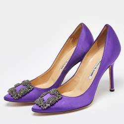 Pre Owned Manolo Blahnik Purple Satin Hangisi Crystal Embellished Pumps Size 37.5
