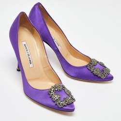 Pre Owned Manolo Blahnik Purple Satin Hangisi Crystal Embellished Pumps Size 37.5