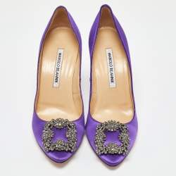 Pre Owned Manolo Blahnik Purple Satin Hangisi Crystal Embellished Pumps Size 37.5