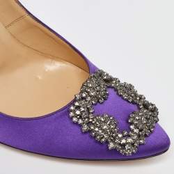 Pre Owned Manolo Blahnik Purple Satin Hangisi Crystal Embellished Pumps Size 37.5