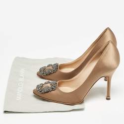 Pre Owned Manolo Blahnik Brown Satin Hangisi Pumps Size 35