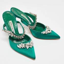 Manolo Blahnik Green Satin Lurum Heel Mules Size 38