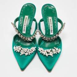 Manolo Blahnik Green Satin Lurum Heel Mules Size 38