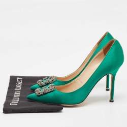 Pre Owned Manolo Blahnik Green Satin Hangisi Pumps Size 41