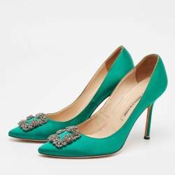 Pre Owned Manolo Blahnik Green Satin Hangisi Pumps Size 41
