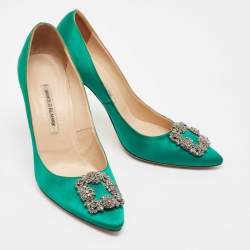 Pre Owned Manolo Blahnik Green Satin Hangisi Pumps Size 41