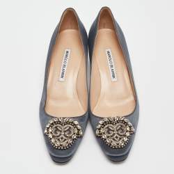 Manolo Blahnik Grey Satin Okkato Block Heel Pumps Size 36.5