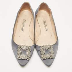 Pre Owned Manolo Blahnik Grey Satin Hangisi Ballet Flats Size 40