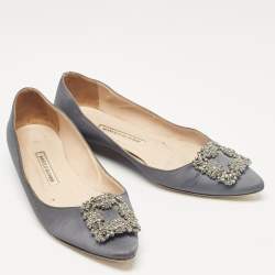 Pre Owned Manolo Blahnik Grey Satin Hangisi Ballet Flats Size 40