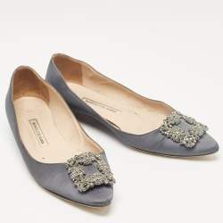 Pre Owned Manolo Blahnik Grey Satin Hangisi Ballet Flats Size 40