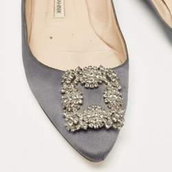 Pre Owned Manolo Blahnik Grey Satin Hangisi Ballet Flats Size 40