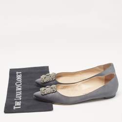 Pre Owned Manolo Blahnik Grey Satin Hangisi Ballet Flats Size 40