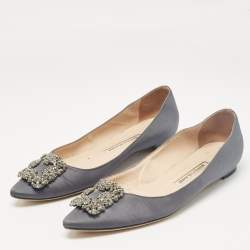 Pre Owned Manolo Blahnik Grey Satin Hangisi Ballet Flats Size 40
