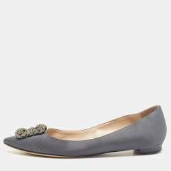 Pre Owned Manolo Blahnik Grey Satin Hangisi Ballet Flats Size 40