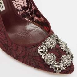 Pre Owned Manolo Blahnik Burgundy Lace and Mesh Hangisi Pumps Size 38