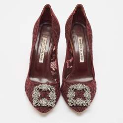 Pre Owned Manolo Blahnik Burgundy Lace and Mesh Hangisi Pumps Size 38
