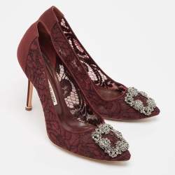 Pre Owned Manolo Blahnik Burgundy Lace and Mesh Hangisi Pumps Size 38