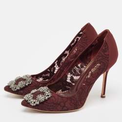 Pre Owned Manolo Blahnik Burgundy Lace and Mesh Hangisi Pumps Size 38
