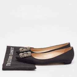 Pre Owned Manolo Blahnik Black Satin Hangisi Ballet Flats Size 39.5