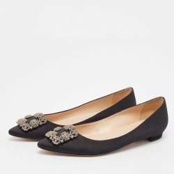 Pre Owned Manolo Blahnik Black Satin Hangisi Ballet Flats Size 39.5
