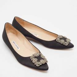 Pre Owned Manolo Blahnik Black Satin Hangisi Ballet Flats Size 39.5